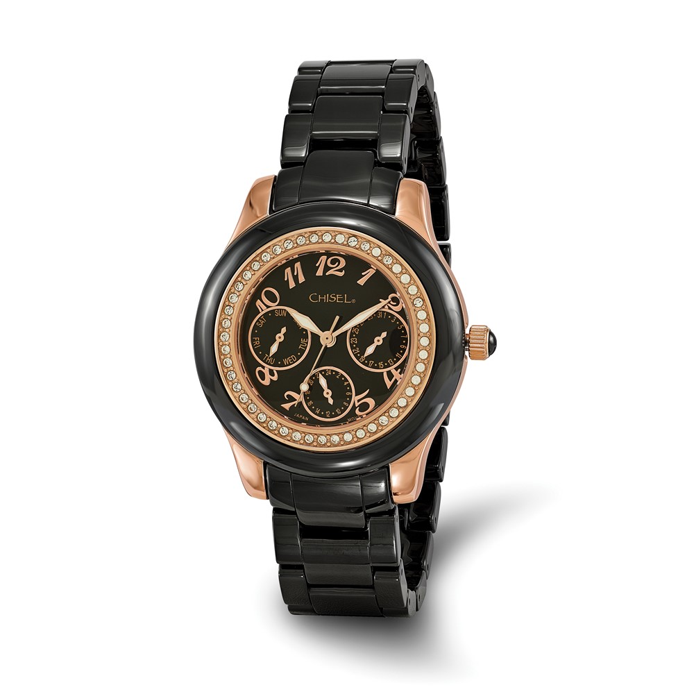 Ladies Chisel Rose Ip-Plated Black Dial Ceramic Wrist Watch, 8 Inch Length